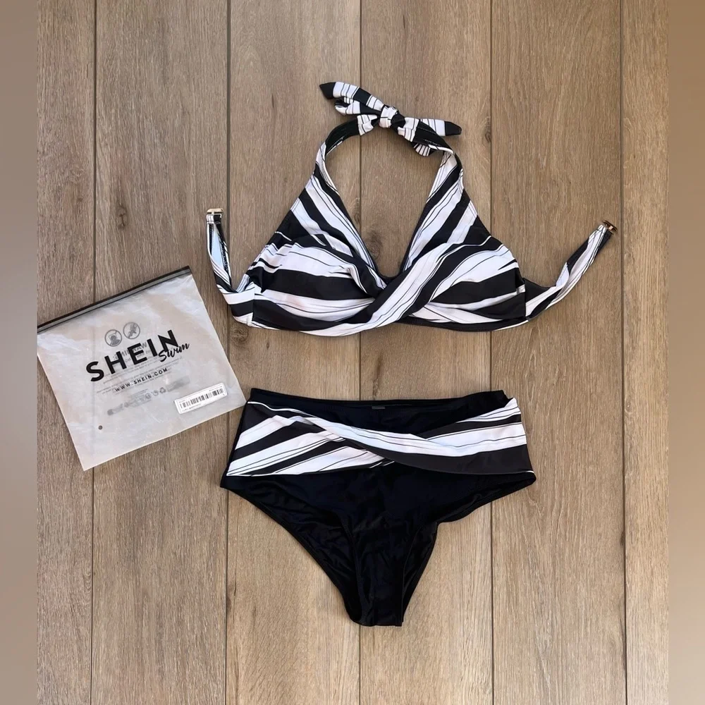 NWT SHEIN black and white wave Bikini Set - Picture 1 of 3